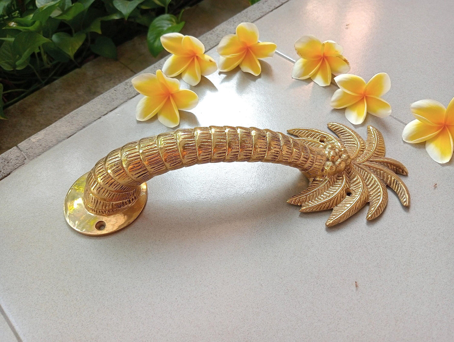 2pcs Palm Tree Solid Brass Door Handles, Tropical Front Entry Door Pulls, Coastal Beach House Hardware Decor (29cm) v2
