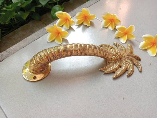 2pcs Palm Tree Solid Brass Door Handles, Tropical Front Entry Door Pulls, Coastal Beach House Hardware Decor (29cm) v2