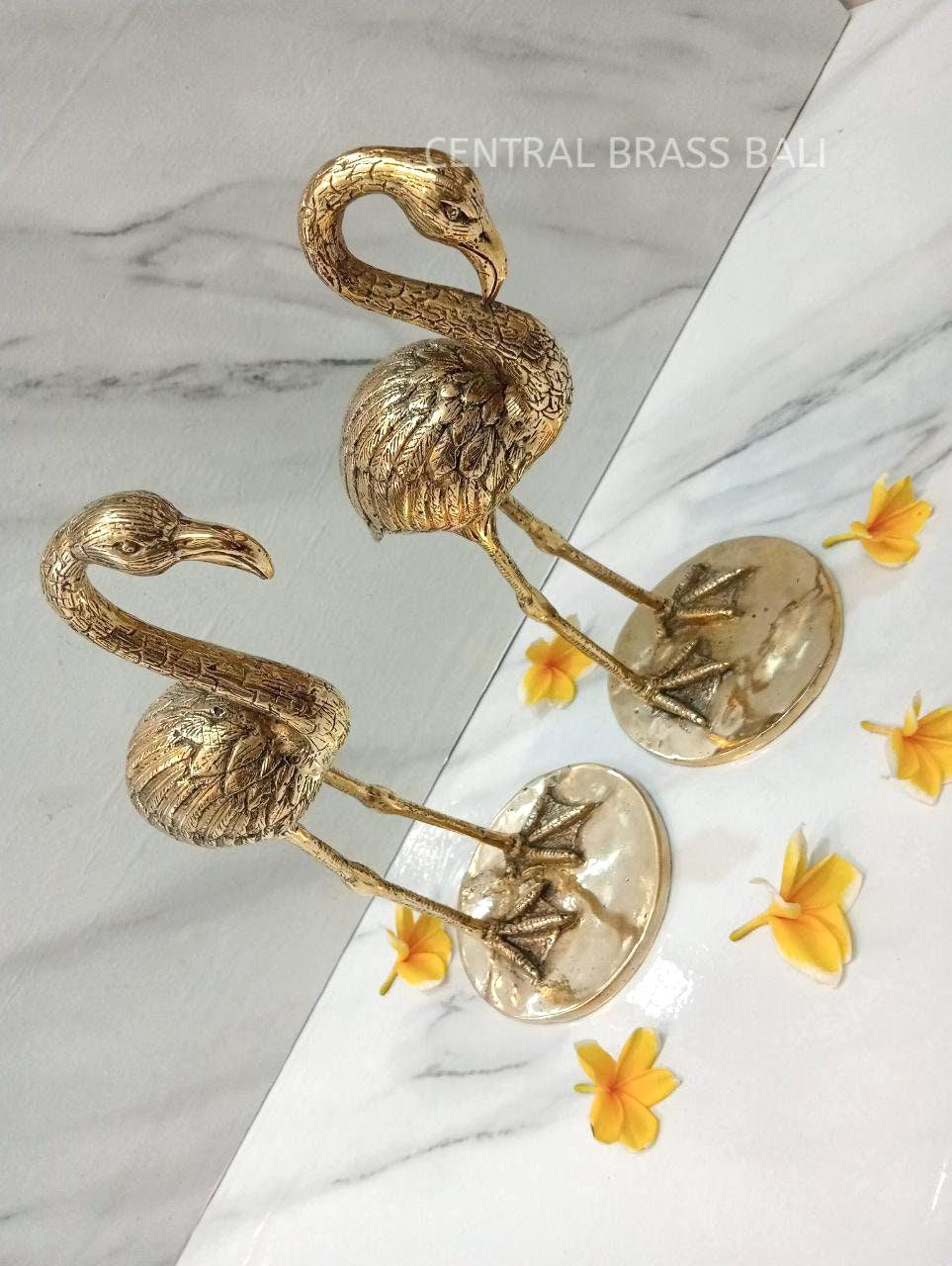 Set of 2 Large Brass Flamingo Figurines, Tropical Home Decor, Exotic Bird Sculpture, Office Decor