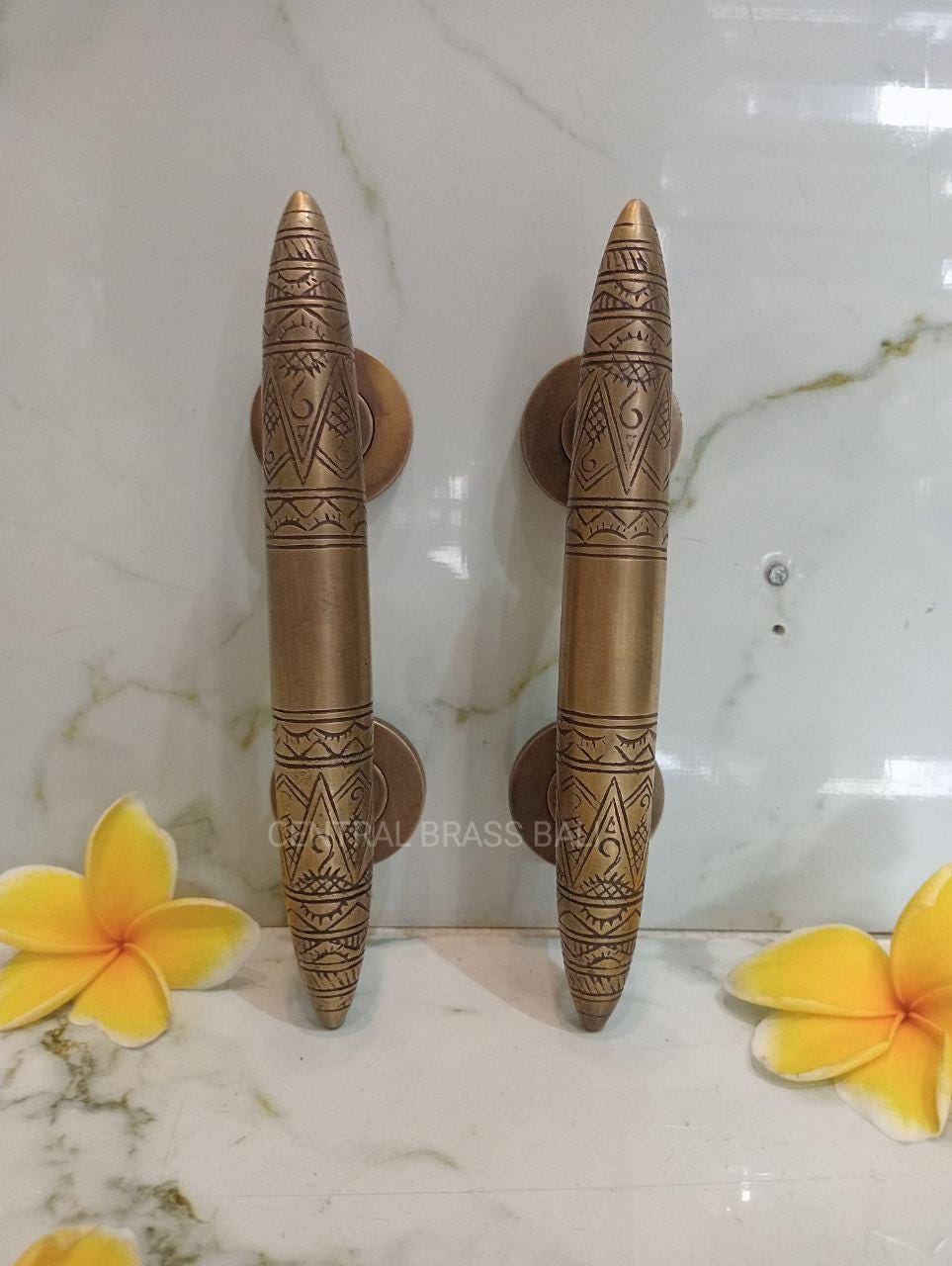2pcs Engraved Solid Brass Main Door Handle – Antique Bronze Finish