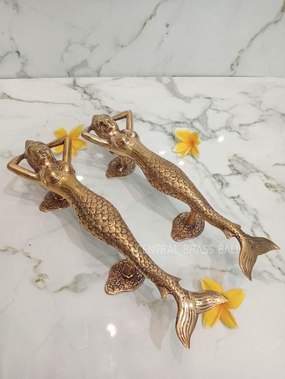 Rustic Brass Mermaid Door Handle, Gold Finish, Coastal Decor (15.35" inches)