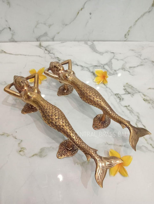 Rustic Brass Mermaid Door Handle, Gold Finish, Coastal Decor (15.35" inches)