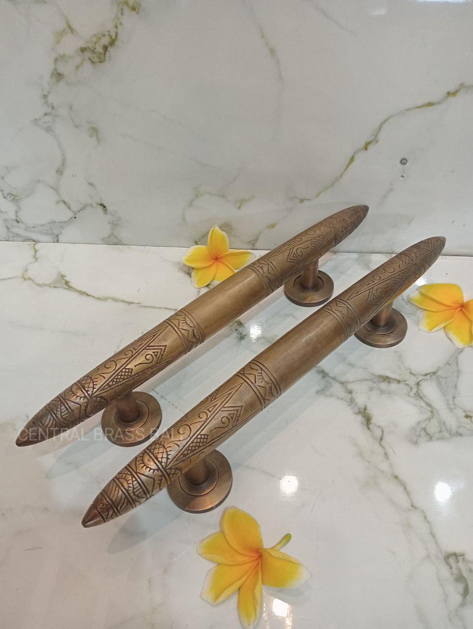 Solid Brass Engraving Door Handle Pulls, Vintage Finish, 37cm (Pair)