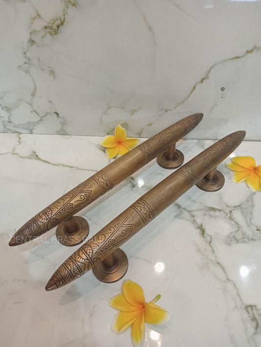 Solid Brass Engraving Door Handle Pulls, Vintage Finish, 37cm (Pair)