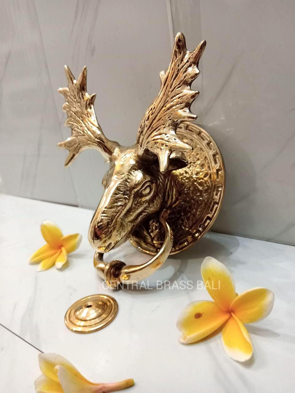 Large Brass Moose Door Knocker, Gold Rustic Front Door Hardware, Wildlife Lodge Home Decor