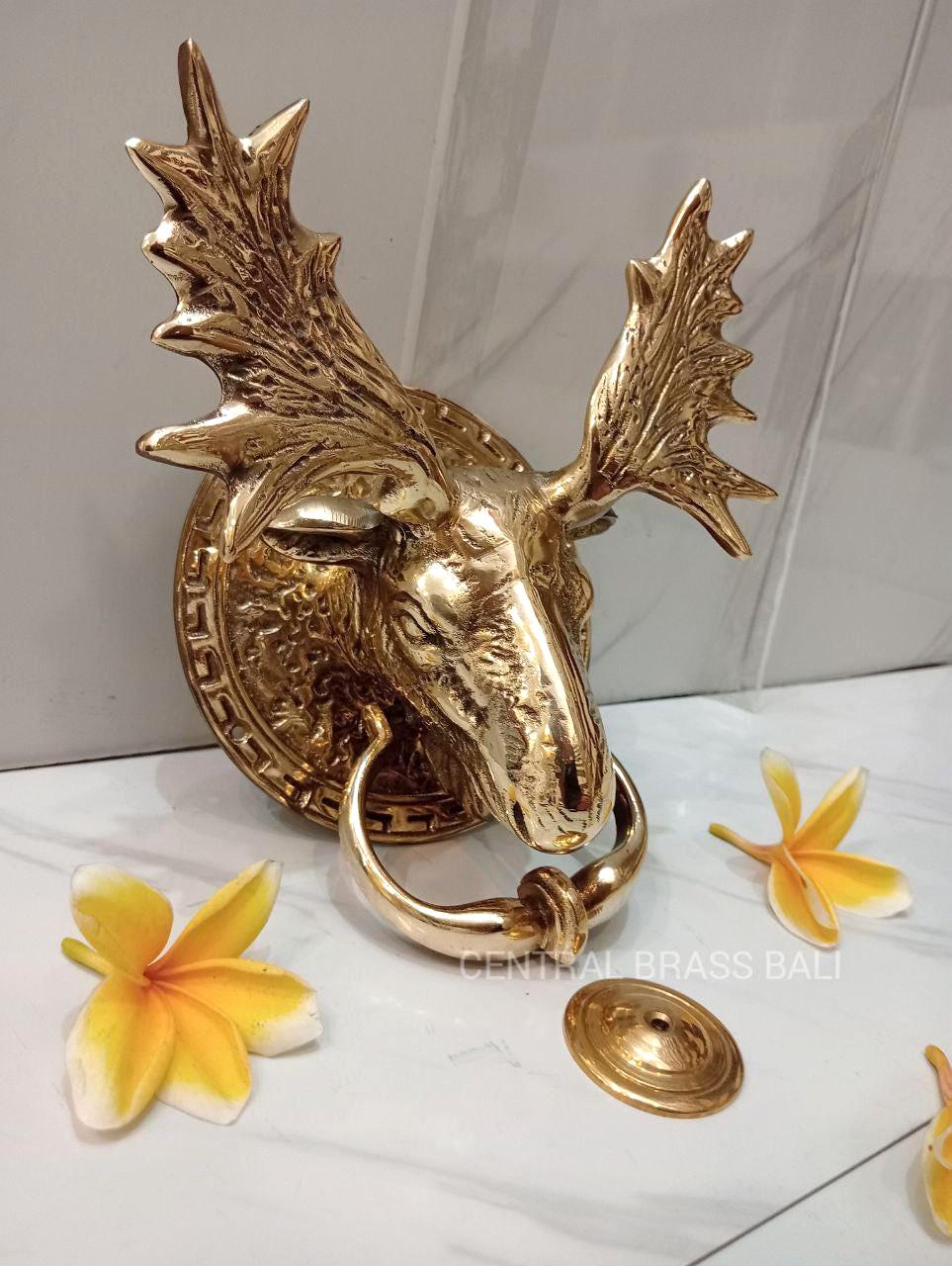 Large Brass Moose Door Knocker, Gold Rustic Front Door Hardware, Wildlife Lodge Home Decor