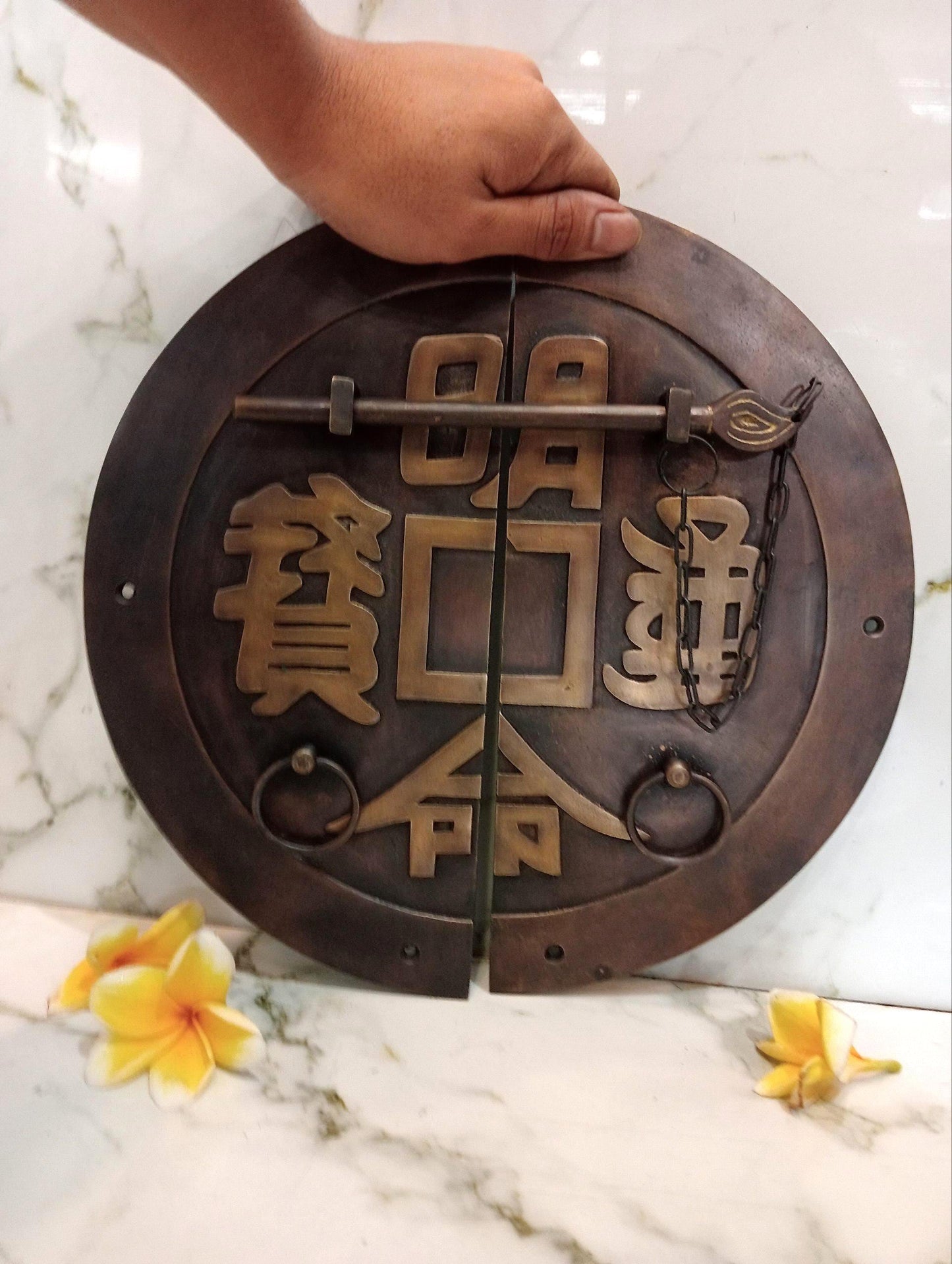 a set Solid Brass Retro Door Latch with Ring Pull | Chinese Style, 11.81" Diameter