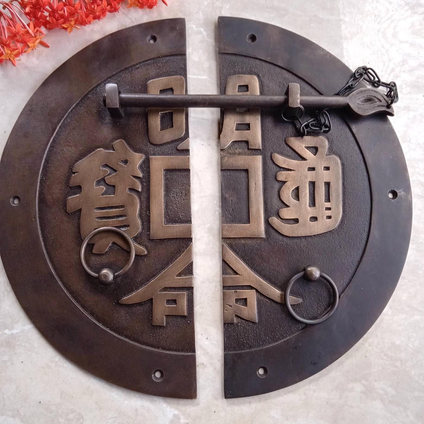 Solid Brass Retro Chinese Door Latch 10.43 Inch | Vintage Ring Pull Lock | Antique Cabinet Hardware, Restoration Gift Idea