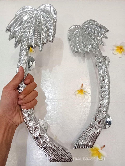 Silver Palm Brass Door Handles (Set of 2) | Bohemian Tropical Decor