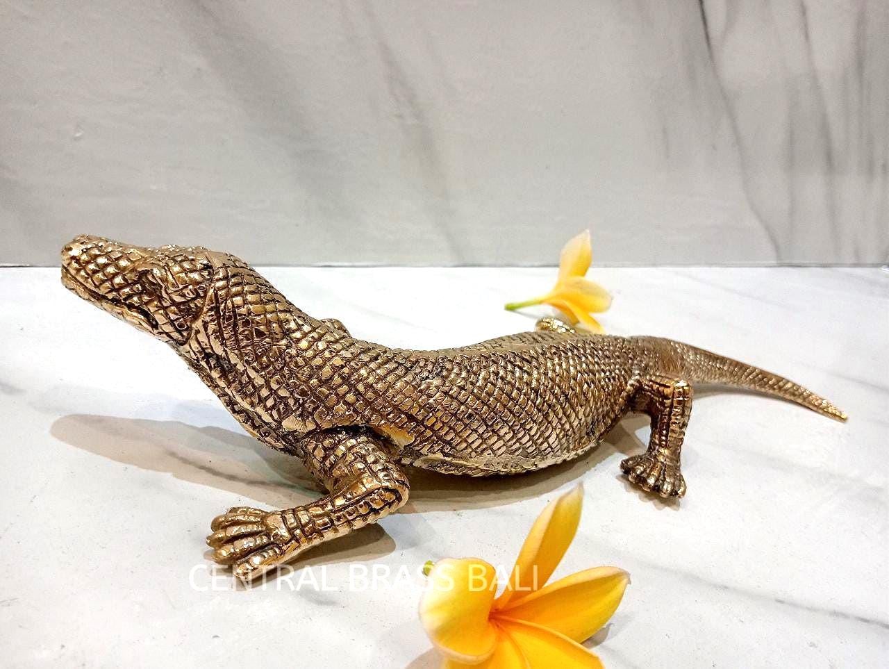 2xpcs Rustic Brass Komodo Dragon Statue | Exotic Reptile Sculpture