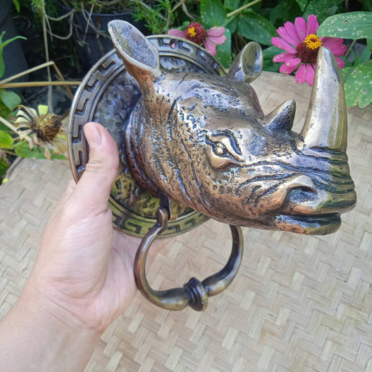 Vintage Brass Rhino Door Knocker, African Animal Head Decor