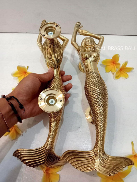 Solid Brass Mermaid Door Handle Set, Gold Polish, 15.35"