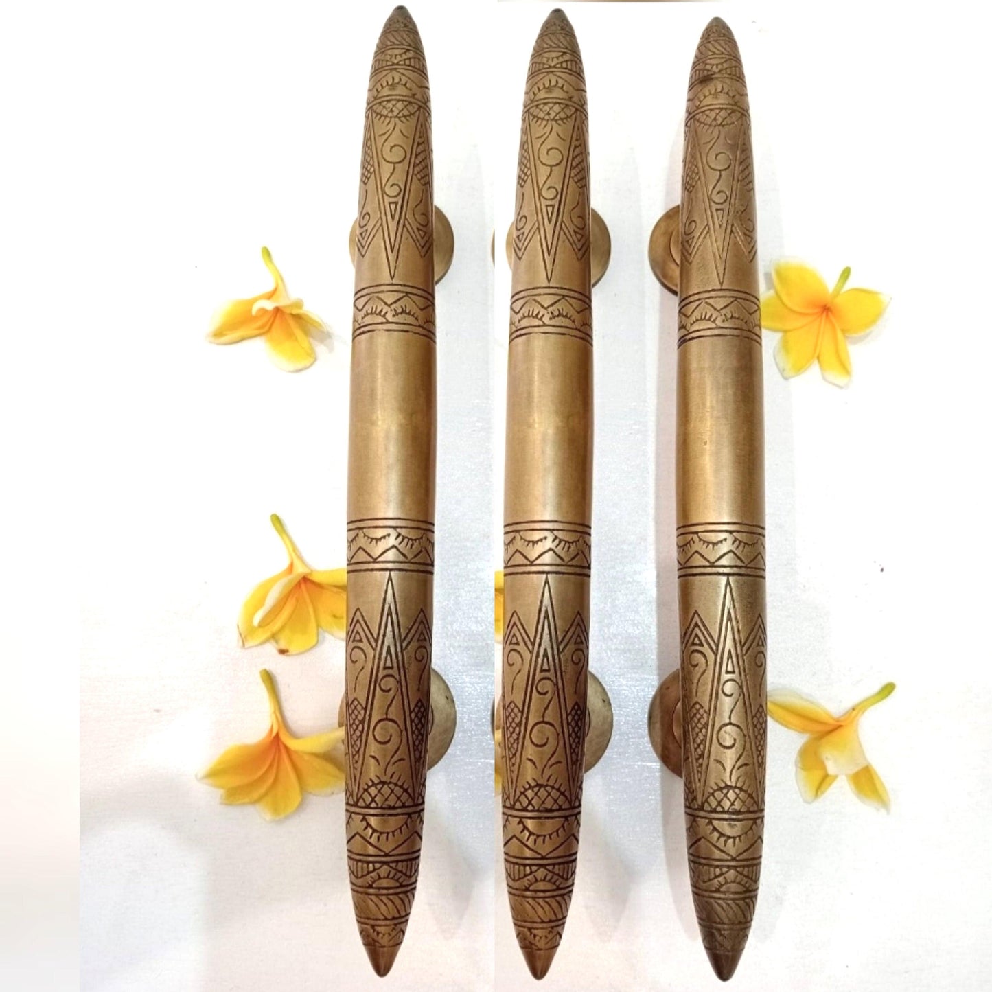 3x Solid Brass Art Deco Door Pull Handles | 14.6" Tapered Horns