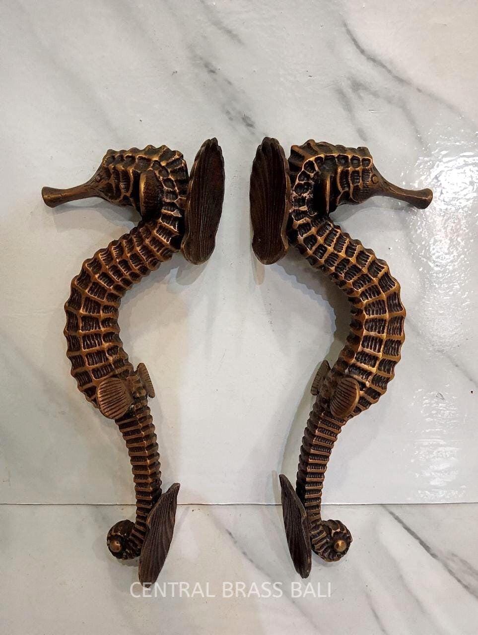 12" Seahorse Brass Door Handles Set of 2 | Nautical Front Door Pulls | Coastal Main Entry Handles | Solid Brass Hardware