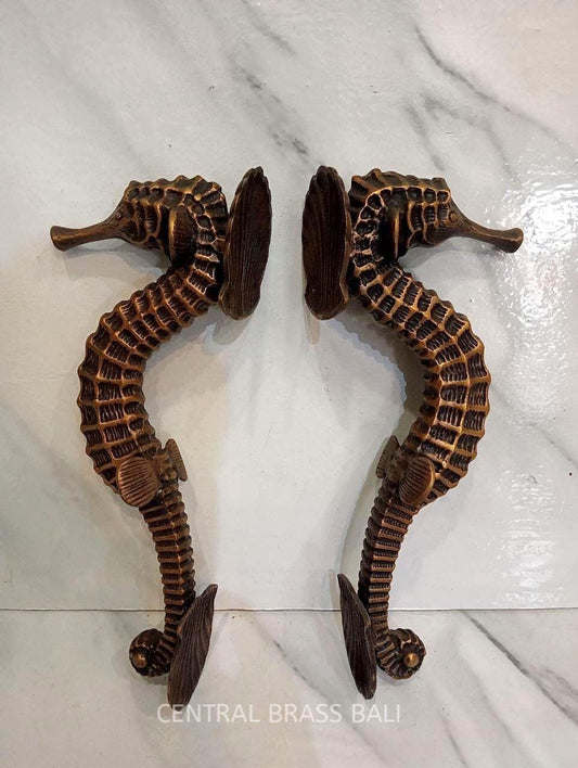 12" Seahorse Brass Door Handles Set of 2 | Nautical Front Door Pulls | Coastal Main Entry Handles | Solid Brass Hardware