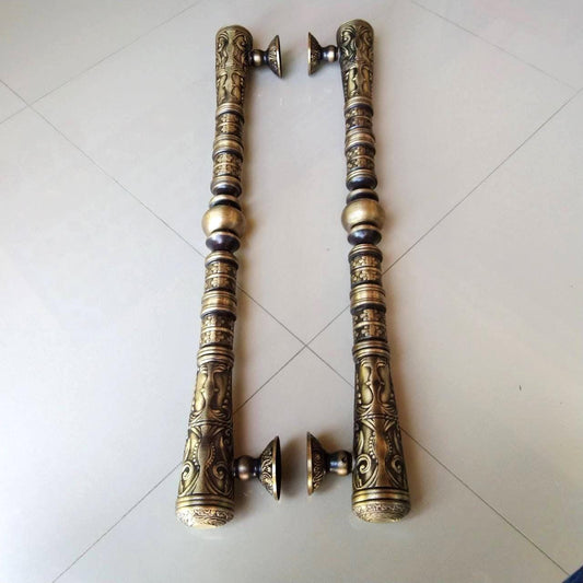 Solid Brass Antique Door Pull Handle Set, Vintage Engraved Entry Door Handle, Luxury Main Entrance Pull, Decorative Brass Gate Handle