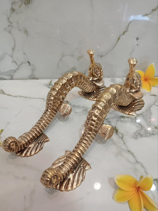 Pair of Seahorse Door Handles | Solid Brass Entry Door Pulls | Gold Front Door Handles | Coastal Nautical Main Entrance Hardware