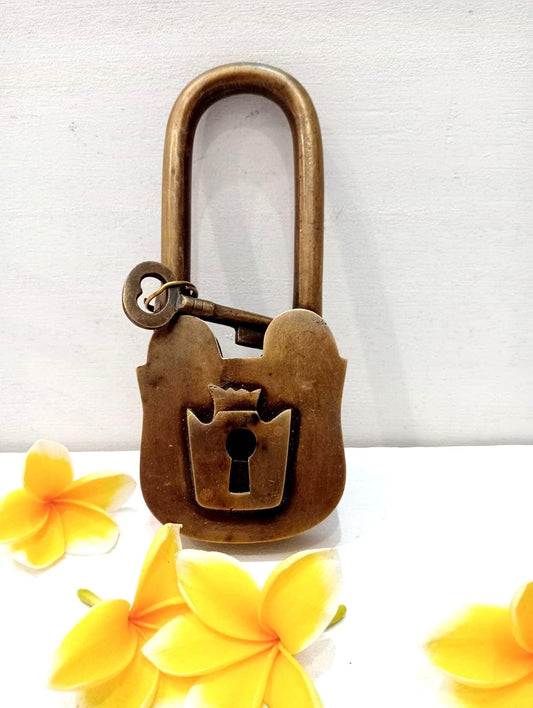 Antique Solid Brass Padlock with Key, Victorian Long Neck Lock, Vintage Brass Lock for Chest, Cabinet, Trunk & Home Decor