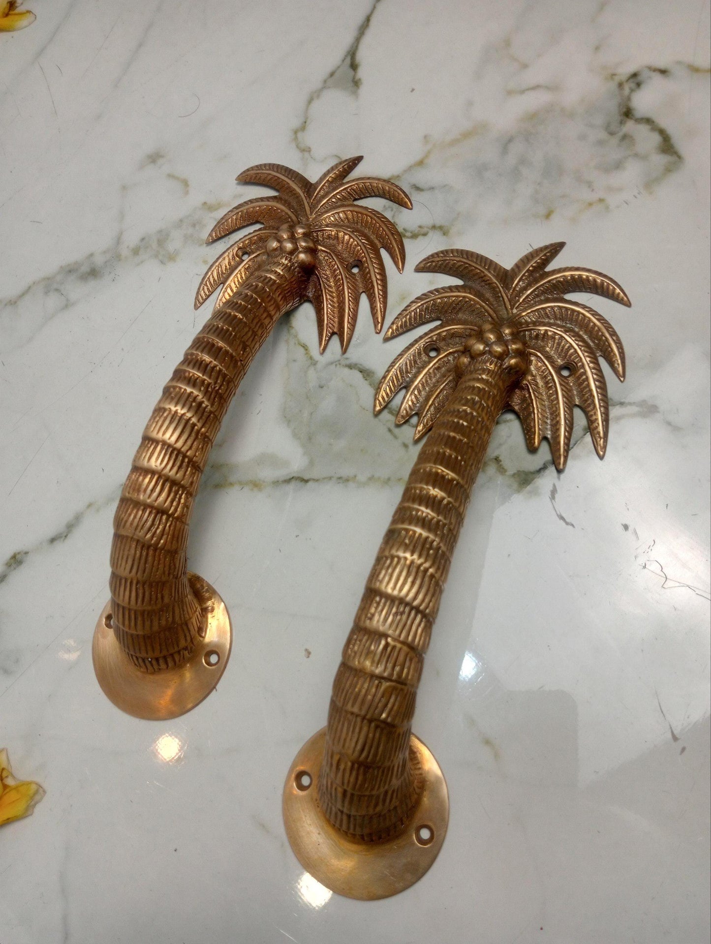 2pcs Palm Tree Solid Brass Door Handles, Tropical Front Entry Door Pulls, Coastal Beach House Hardware Decor (29cm)