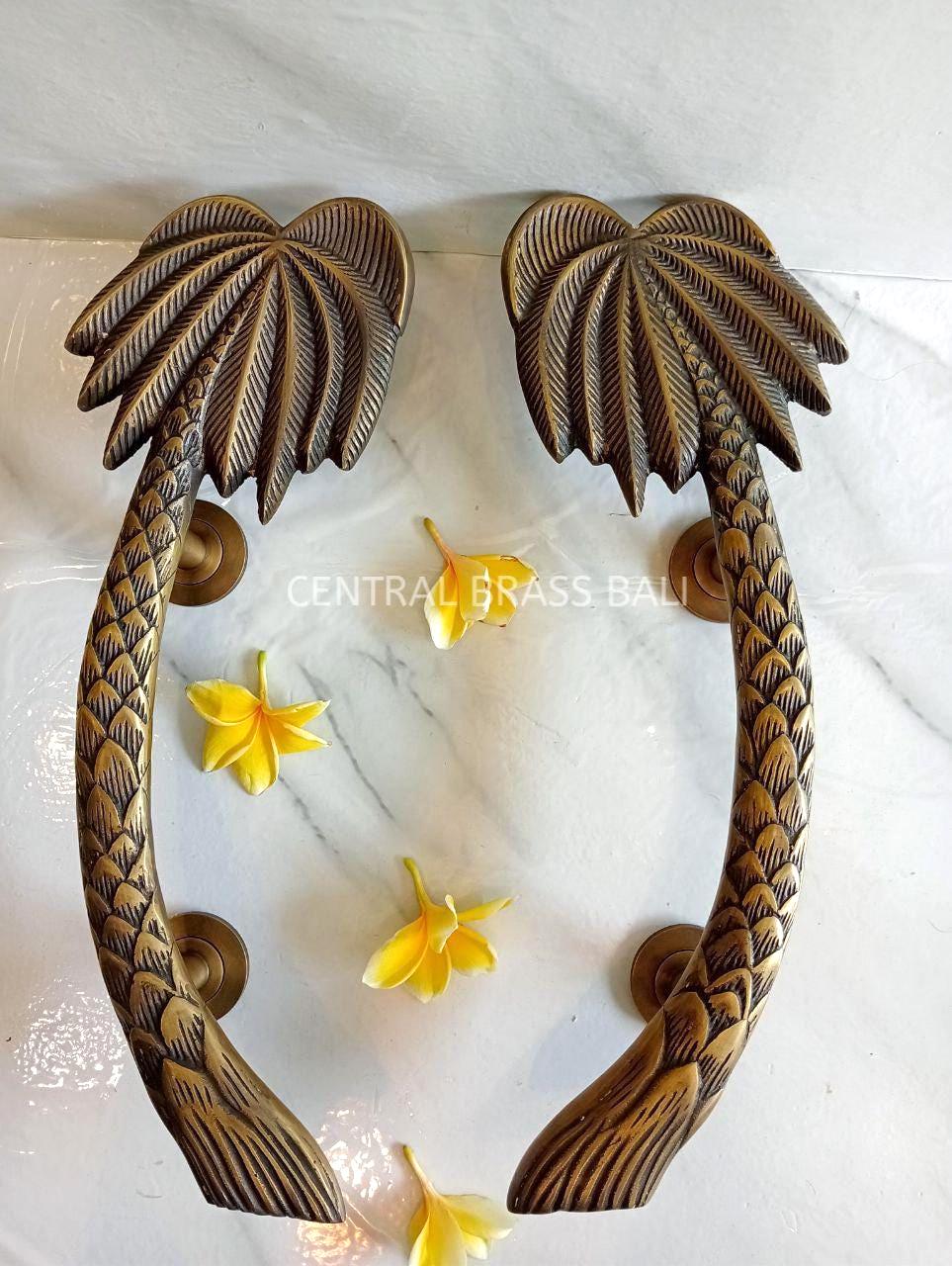 very solid Pair Palm Brass Door Handle, Bohemian Tropical Style, 40 cm