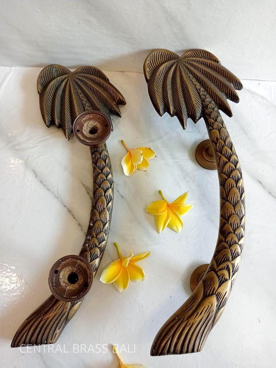 very solid Pair Palm Brass Door Handle, Bohemian Tropical Style, 40 cm