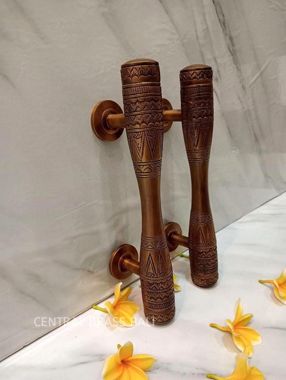 Pair Solid Brass Egypt Style Door Handles, Carved Egyptian Entry Pulls, Vintage Door Hardware, 30cm