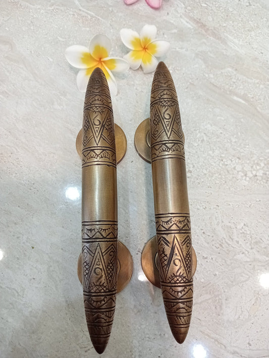 Pair Art Deco Solid Brass Horn Pull Handles, Vintage Cabinet Drawer Pulls, Decorative Door Hardware