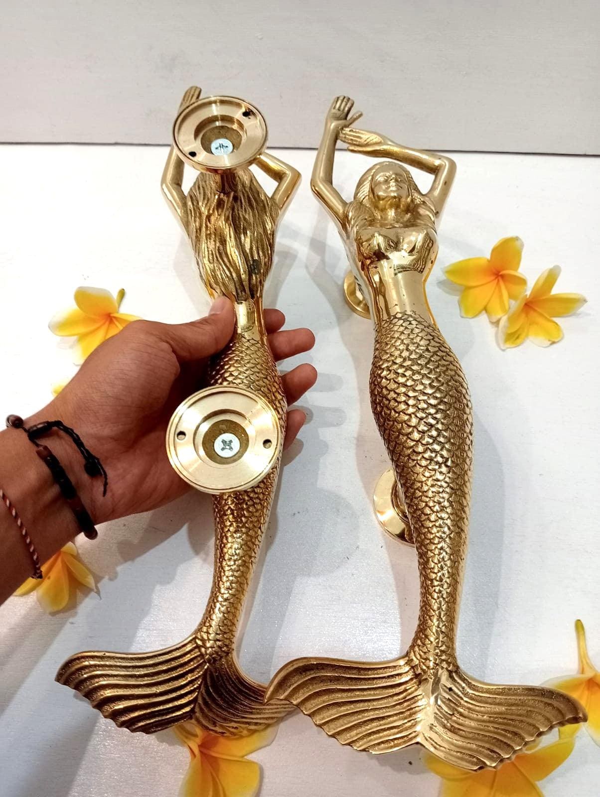 Solid Brass Mermaid Door Handle, Gold Coastal Door Pull, Nautical Beach House Hardware, Ocean Decor, Unique Entry Door Handle 15.35" inches