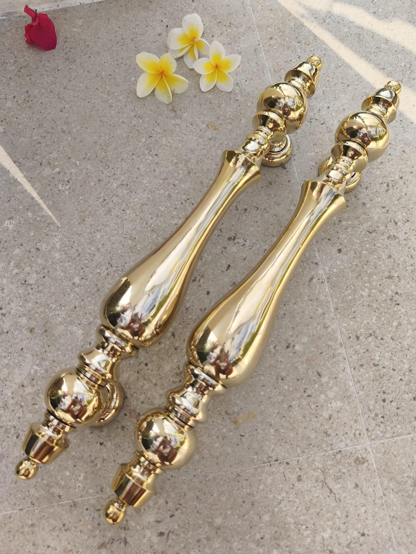 2x pc 43 cm Polished Brass Door Handles Pair, Victorian Inspired Ornate Door Pulls, Classic European Entry Door Hardware, Luxury Gold Finish