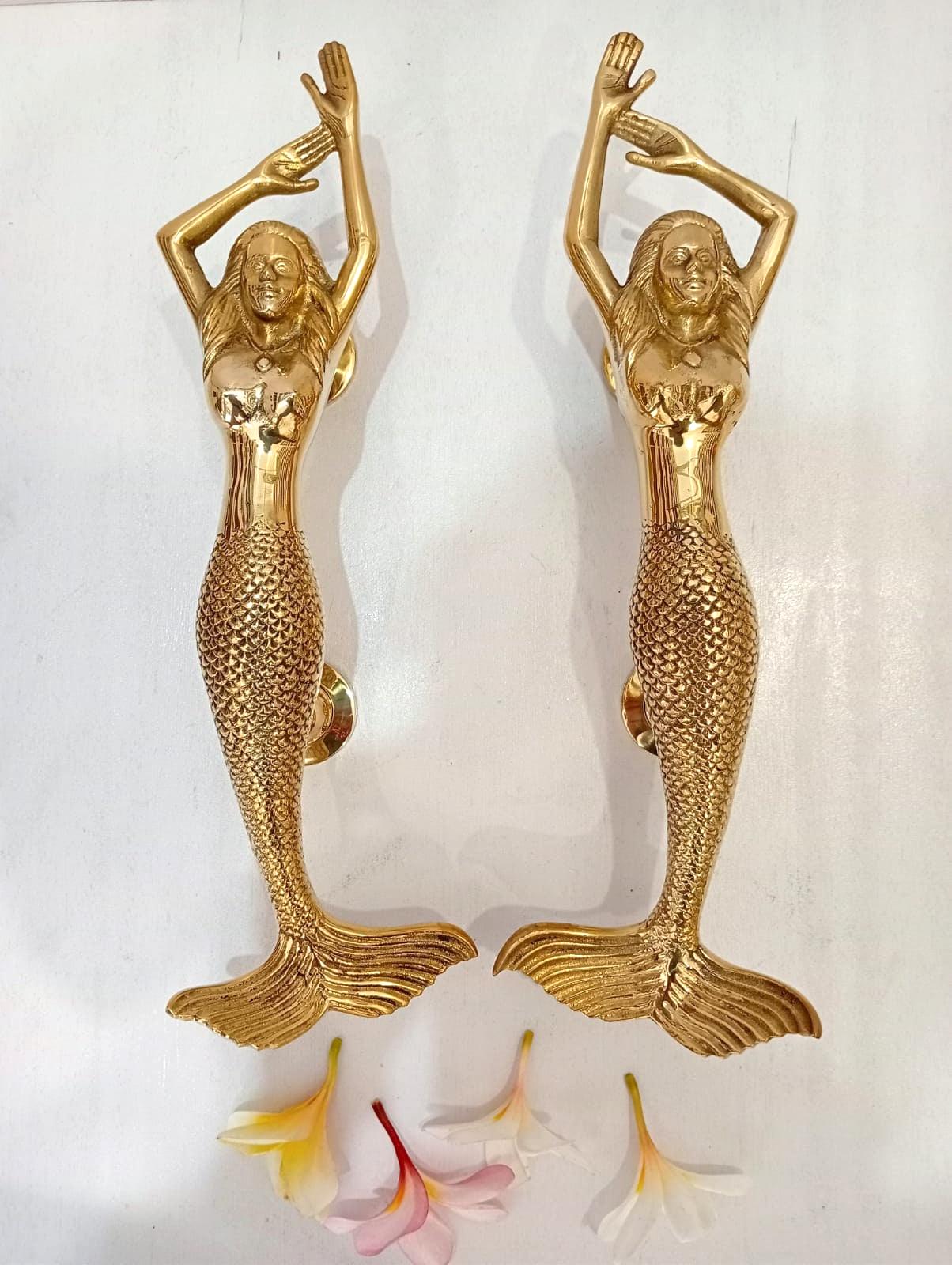Solid Brass Mermaid Door Handle, Gold Coastal Door Pull, Nautical Beach House Hardware, Ocean Decor, Unique Entry Door Handle 15.35" inches