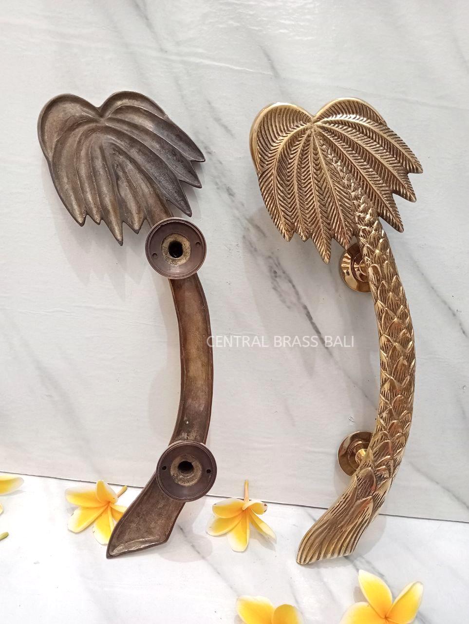 2pcs Palm Brass Door Handles, Gold Palm Leaf Pulls, Tropical Boho Door Hardware, Solid Brass Main Entry Door Handles
