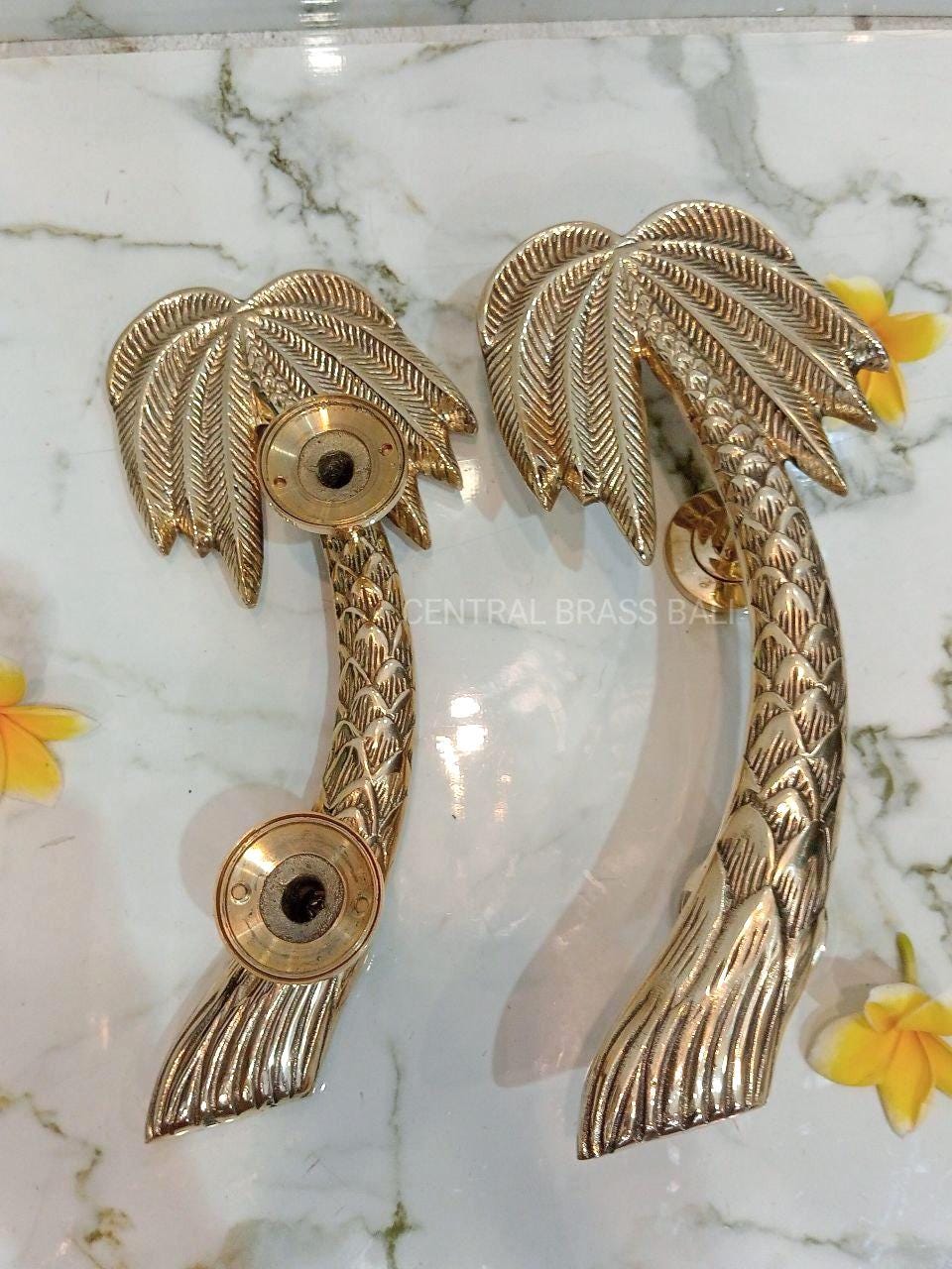 2pcs Solid Brass Palm Door Handle Set, 30cm Tropical Boho Door Pulls, Gold Palm Leaf Handles, Main Entry Door Hardware