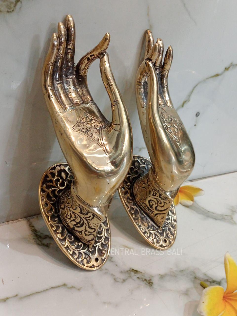 Set of 2 Polished Brass Buddha Hand Door Handles, Gyan Mudra Pulls, Spiritual Entry Hardware