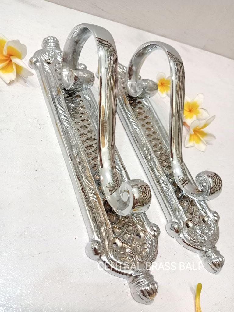 Silver Brass French Door Handles Pair, Classic Entry Door Pulls, European Style Hardware, Vintage Silver Finish, 11.81"