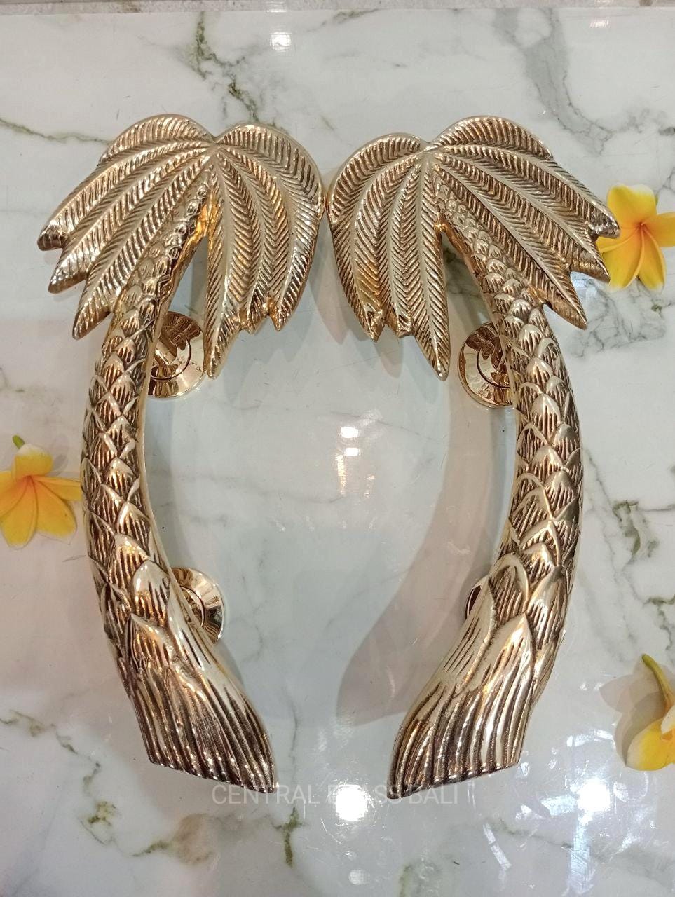 2pcs Solid Brass Palm Door Handle Set, 30cm Tropical Boho Door Pulls, Gold Palm Leaf Handles, Main Entry Door Hardware