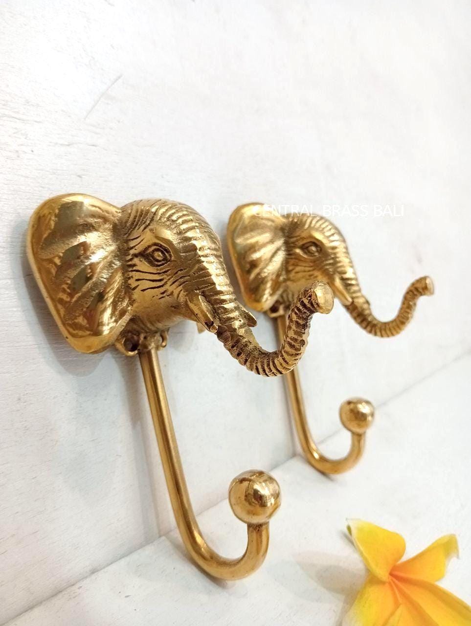 Set of 3 Solid Brass Elephant Head Wall Hooks, Gold Finish Animal Hooks, Safari Decor, Boho Coat Hangers, Tropical Home Decor