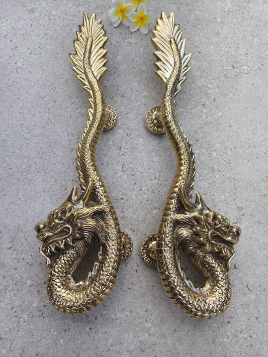 2pcs Fantasy Dragon Brass Door Handles , Gold Polished Dragon Door Pulls, Gothic Entry Door Hardware, Handmade Front Door Handles