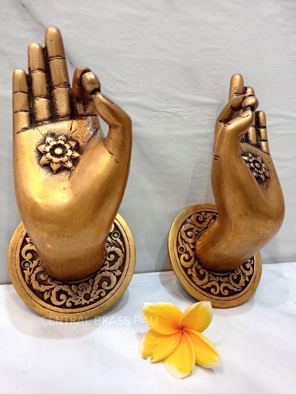 Set of 2 Aged Brass Buddha Hand Door Handles, Gyan Mudra Pull Handles, Meditation Decor, Spiritual Entry Door Hardware