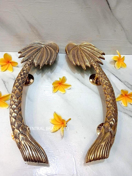 2pcs Palm Brass Door Handles, Gold Palm Leaf Pulls, Tropical Boho Door Hardware, Solid Brass Main Entry Door Handles