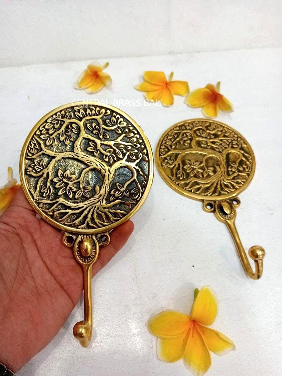 Set of 3 Golden Brass Tree of Life Wall Hooks, Vintage Style