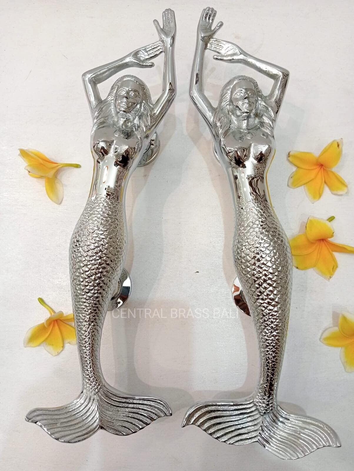 Shiny Silver Mermaid Door Handle Set, Solid Brass, Nautical Decor