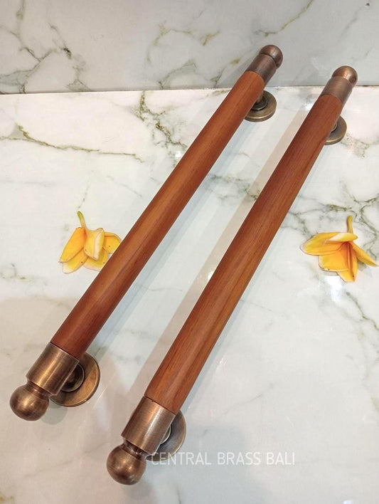 Pair Vintage Teak Wood Door Handles, Minimalist Door Pulls (40cm)