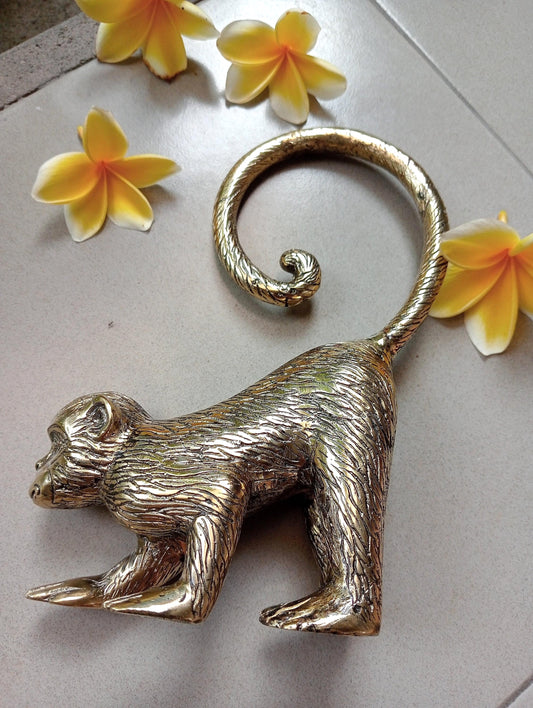 Hand Carved Brass Monkey Figurines Set of 2, Solid Brass Animal Sculptures, 6 Inch Vintage Home Decor, Tropical Jungle Accent