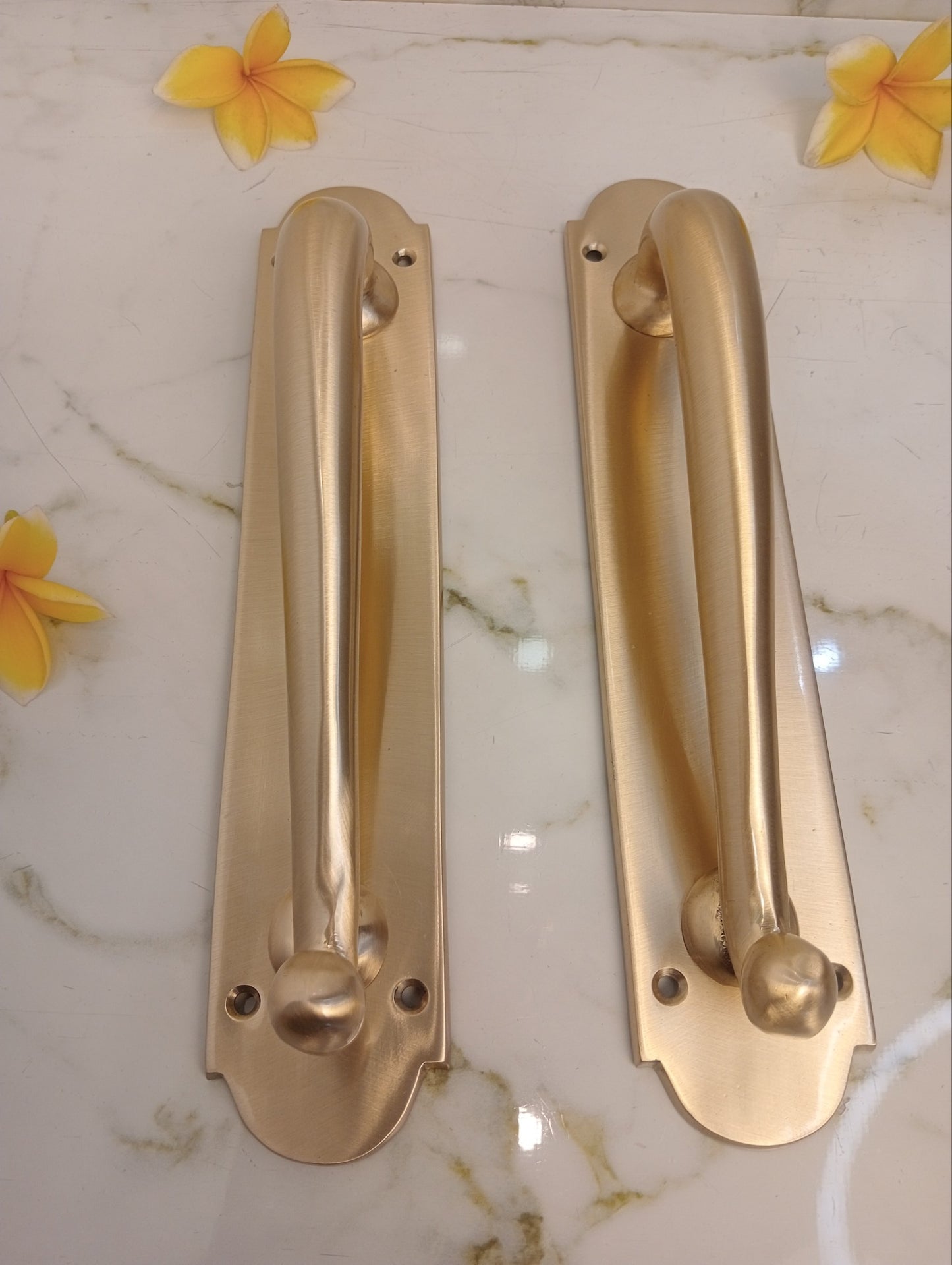 Modern Satin Brass French Door Handle | Luxury Entry Door Pull with Backplate | Contemporary Solid Brass Front Door Hardware | Pair