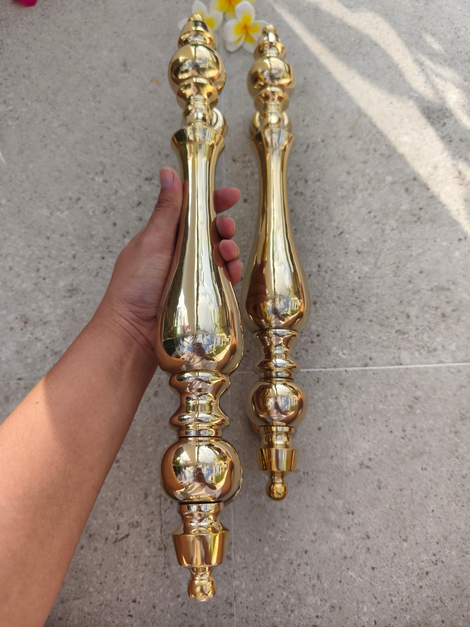 Luxury gold door handles for a main door, set of 2 solid brass pulls with an ornamental turned design, ideal for grand double front doors, lobbies and hotel entrances