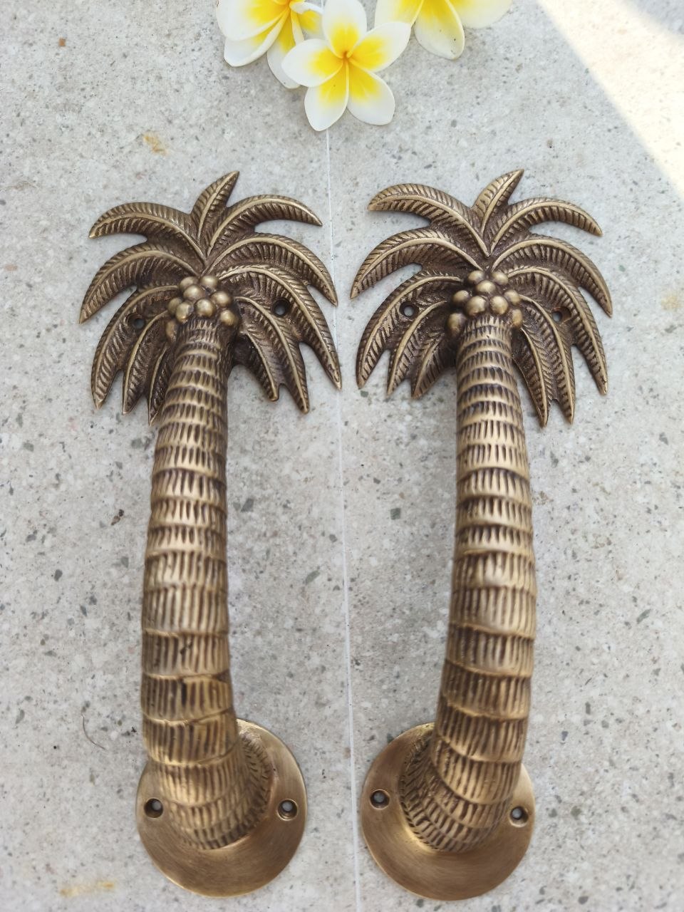 2pcs Palm Tree Solid Brass Door Handles, Tropical Front Entry Door Pulls, Coastal Beach House Hardware Decor (29cm)