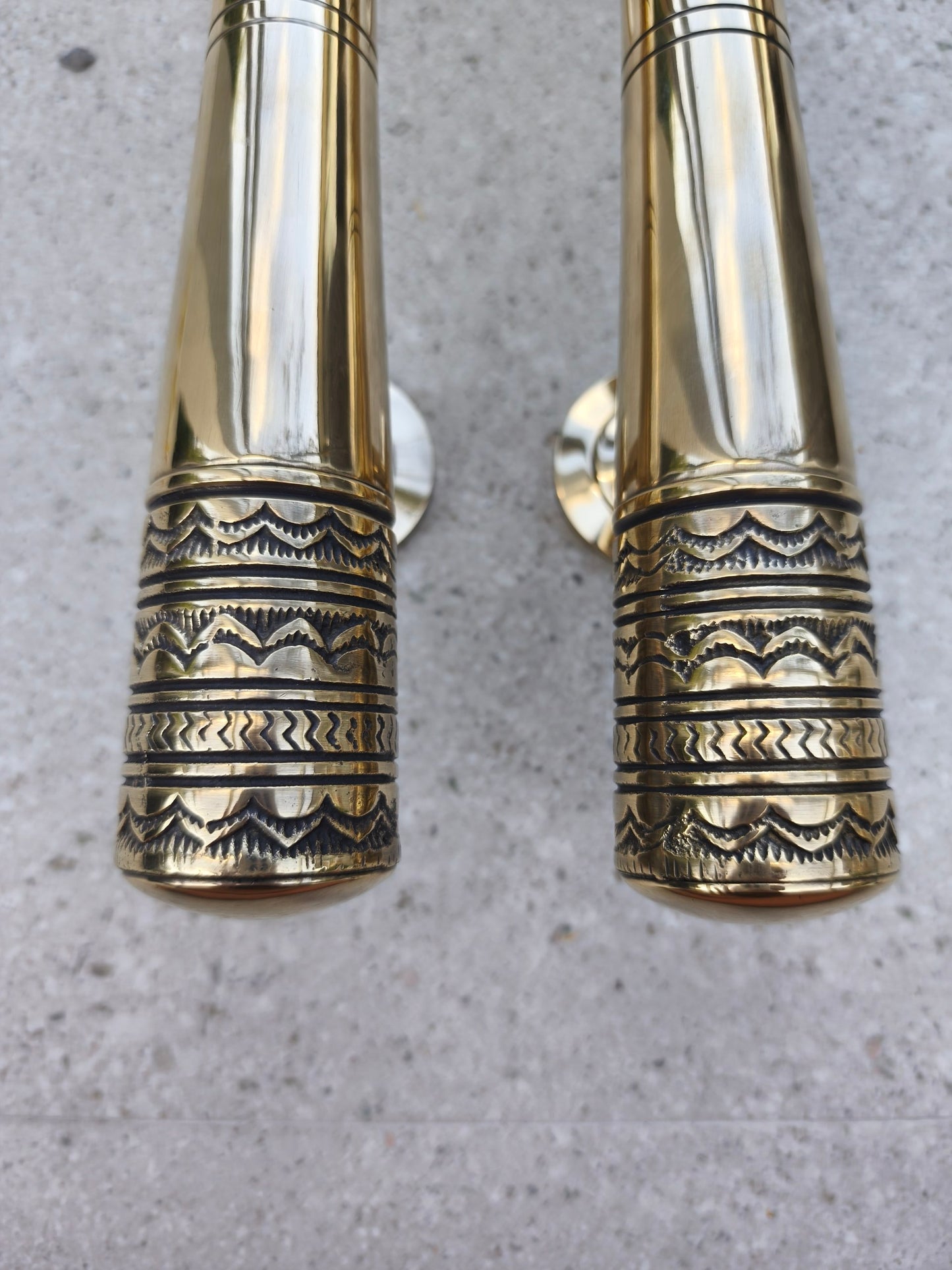 Handmade Bali solid brass door pull handles in shiny polished gold, Victorian style entry door handles sold as a pair of 2, 40 cm brass front door hardware for heritage homes, colonial style villas, resorts and grand entryway decor