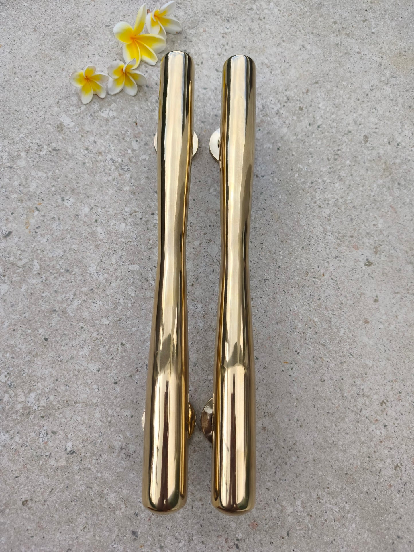 Pair of tapered brass door pulls in polished gold, long modern door handles for front doors, sliding doors, barn doors and gates