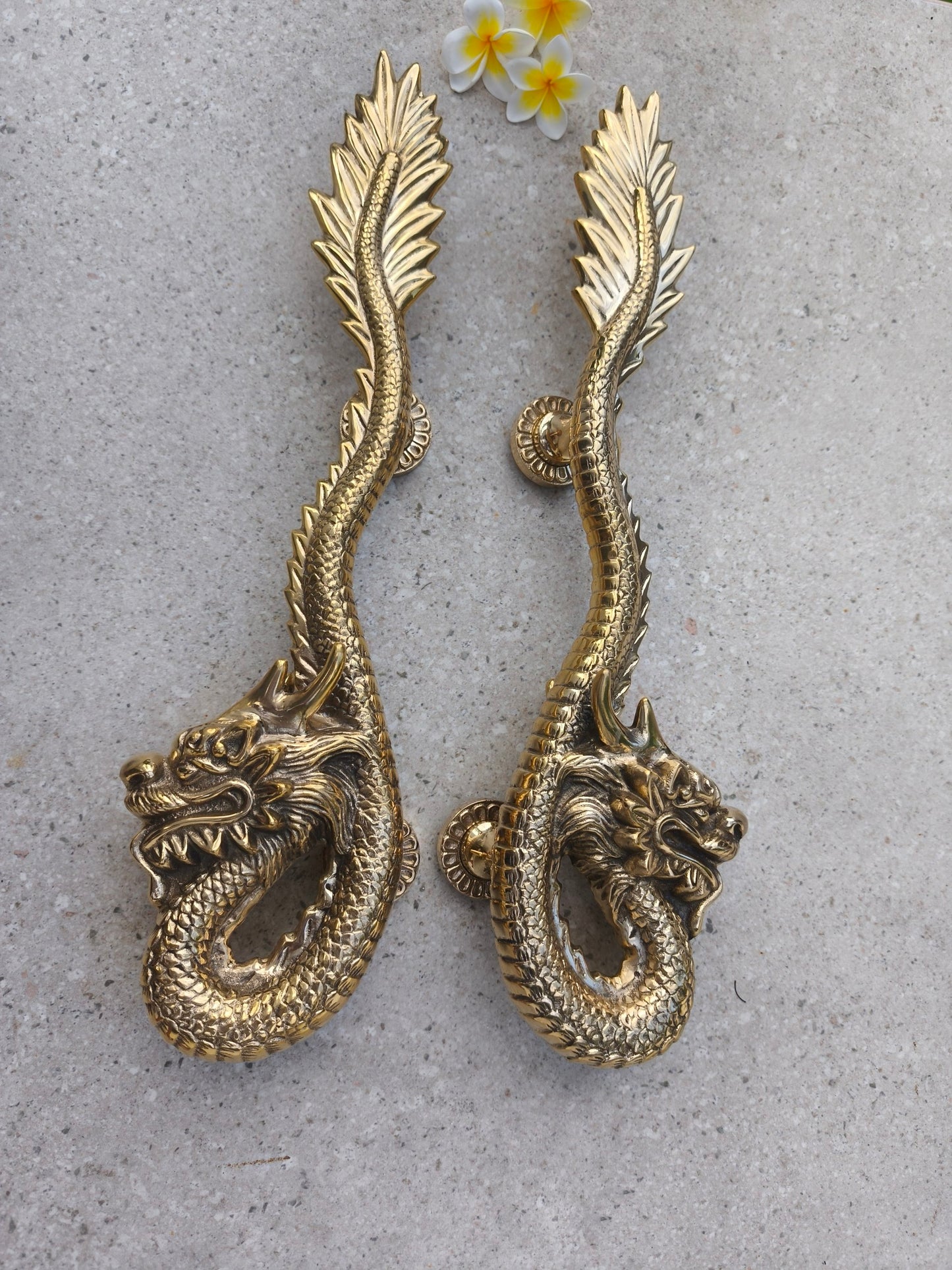 2pcs Fantasy Dragon Brass Door Handles , Gold Polished Dragon Door Pulls, Gothic Entry Door Hardware, Handmade Front Door Handles