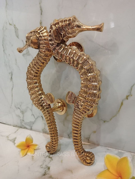 2xpcs Gold Polished Seahorse Door Handles